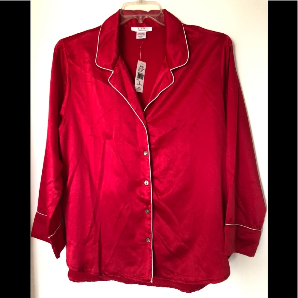 Natori Red Pajama Top, White Piping, Long Sleeves - Picture 2 of 4